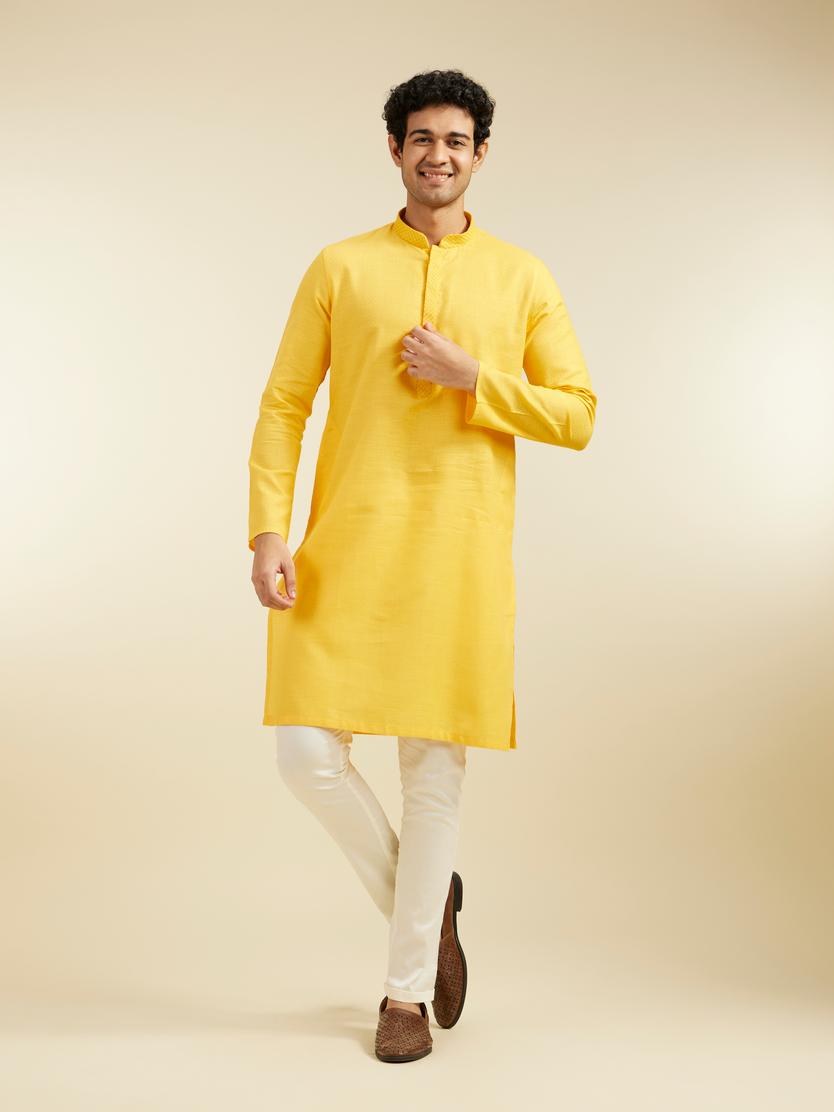 Diwas Men Mustard Yellow Lattice Patterned Kurta with Embroidered Neckline