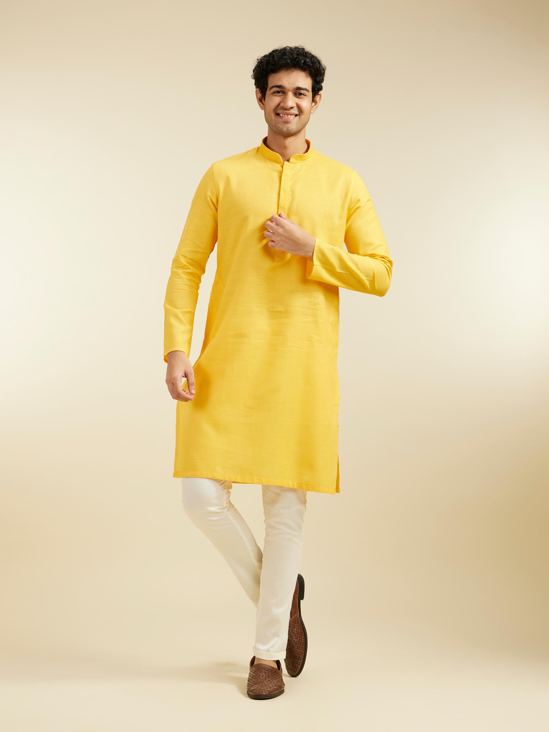 Diwas Men Mustard Yellow Lattice Patterned Kurta with Embroidered Neckline