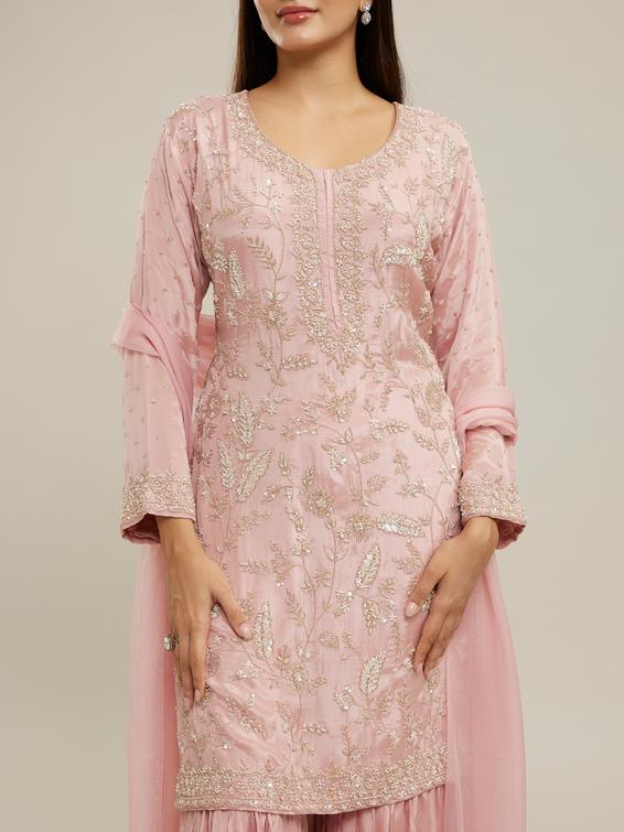 Twamev Women Glowing Pink Sharara Set Stitched Suit