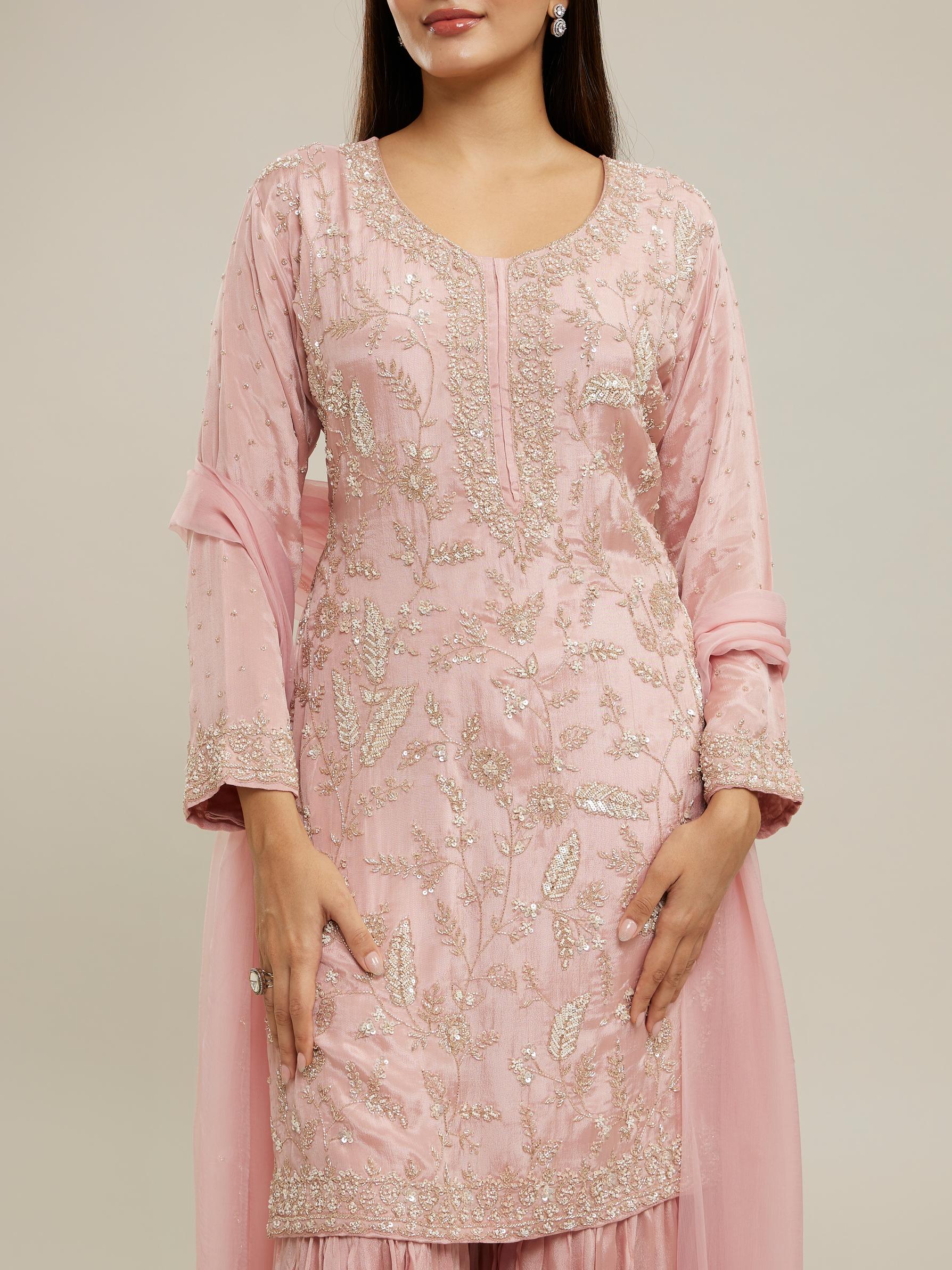 Twamev Women Glowing Pink Sharara Set Stitched Suit