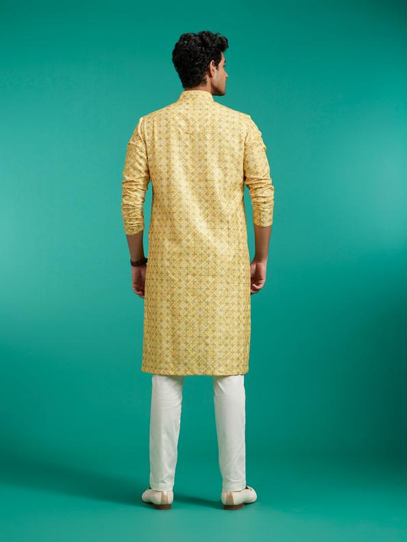 Diwas Men Straw Yellow Buta Print in Grid Pattern Kurta