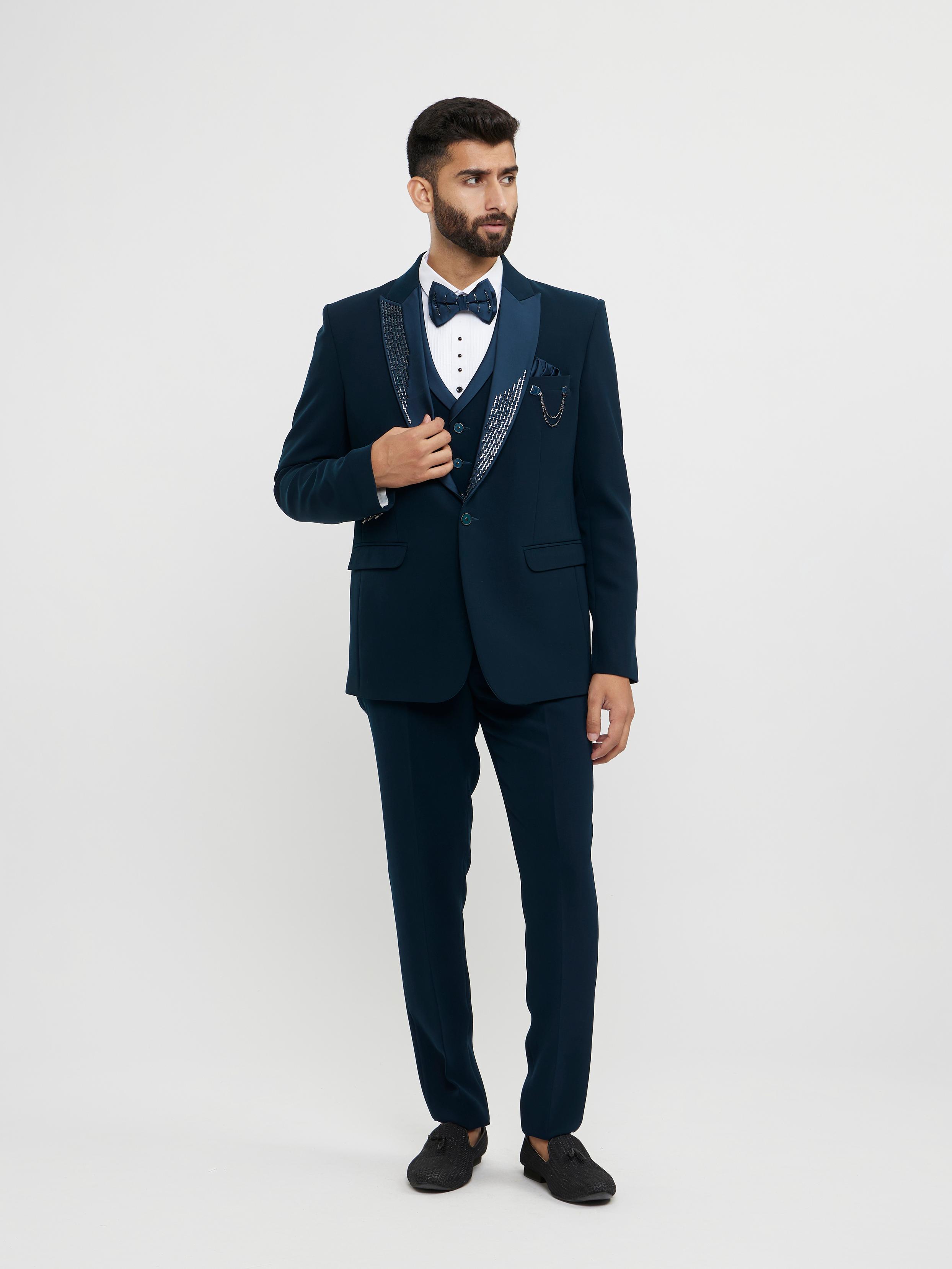 Twamev Men Teal Green Plain Classic Suit Set with Cutdana Work
