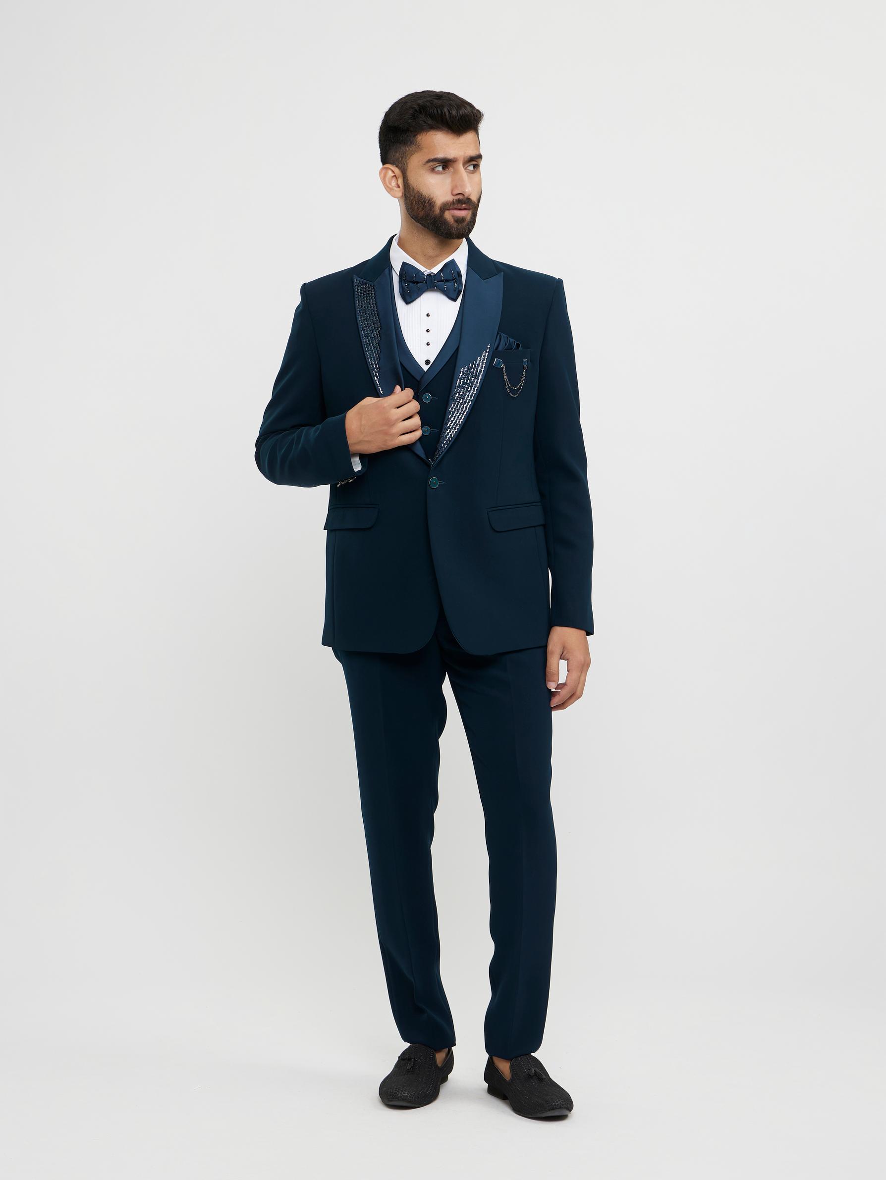 Twamev Men Teal Green Plain Classic Suit Set with Cutdana Work