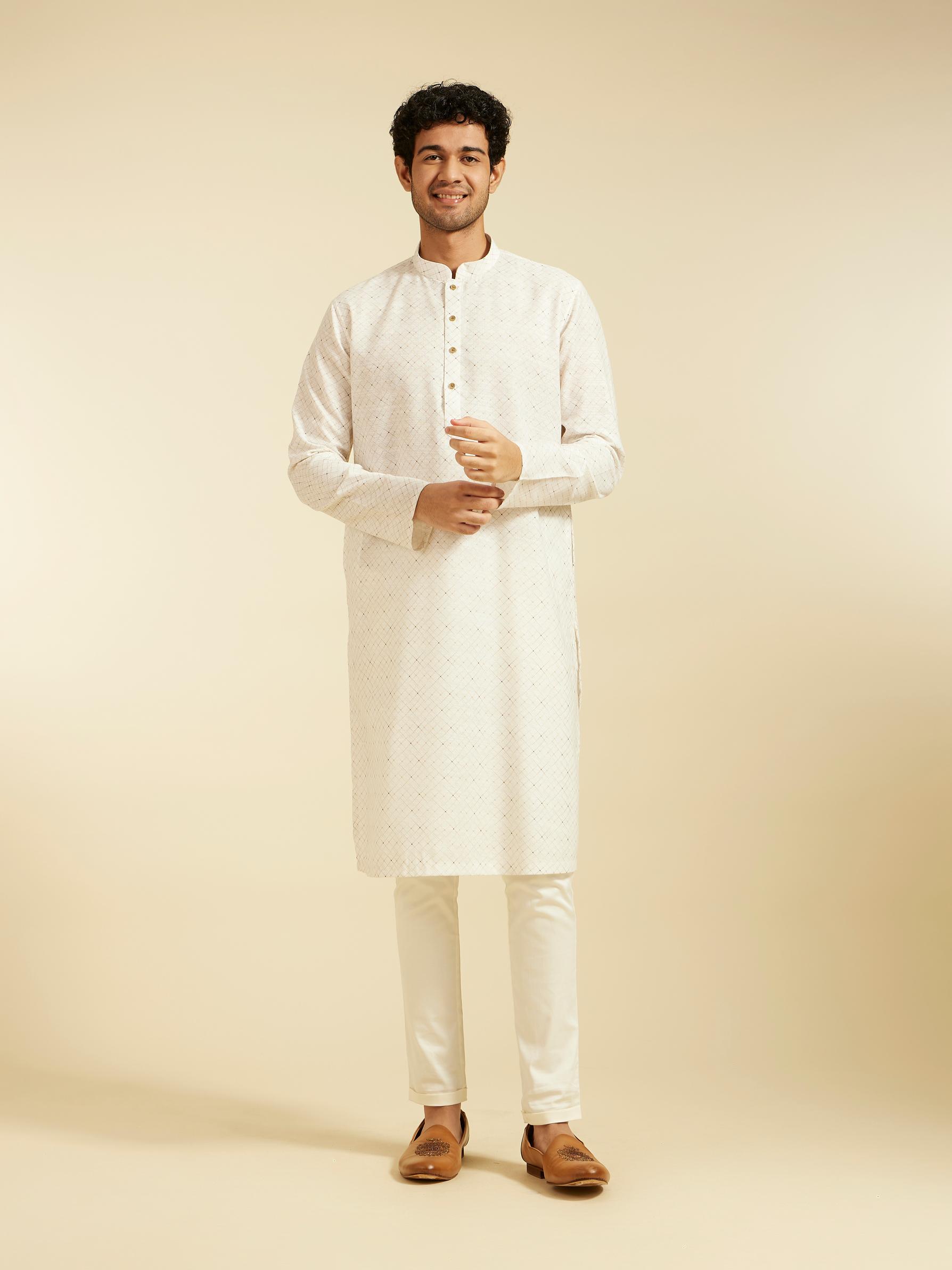 Diwas Men Warm White Lattice Printed Kurta