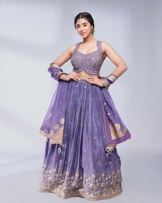Twamev Women Purple Floral Buta Patterned Skirt Top with Mirror Work
