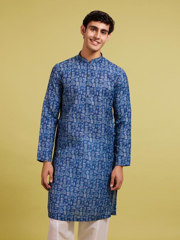 Diwas Men Air Force Blue Aztec Print Kurta