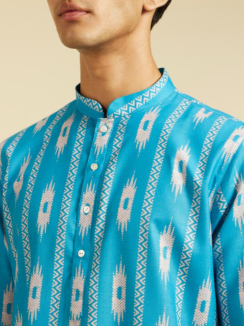 Diwas Men Turquoise Blue Ikat Inspired Patterned Kurta