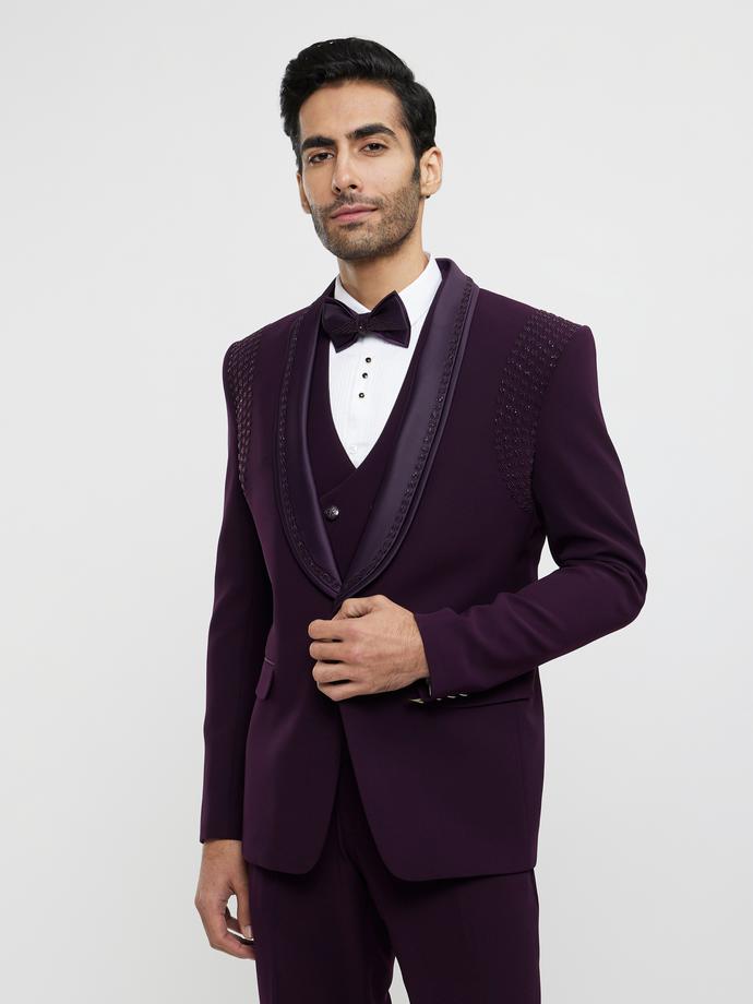 Twamev Men Wine Red Embroidered Suit Set with Rhinestone Work