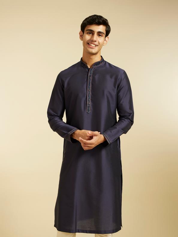 Diwas Men Navy Blue Plain Kurta with Embroidered Placket