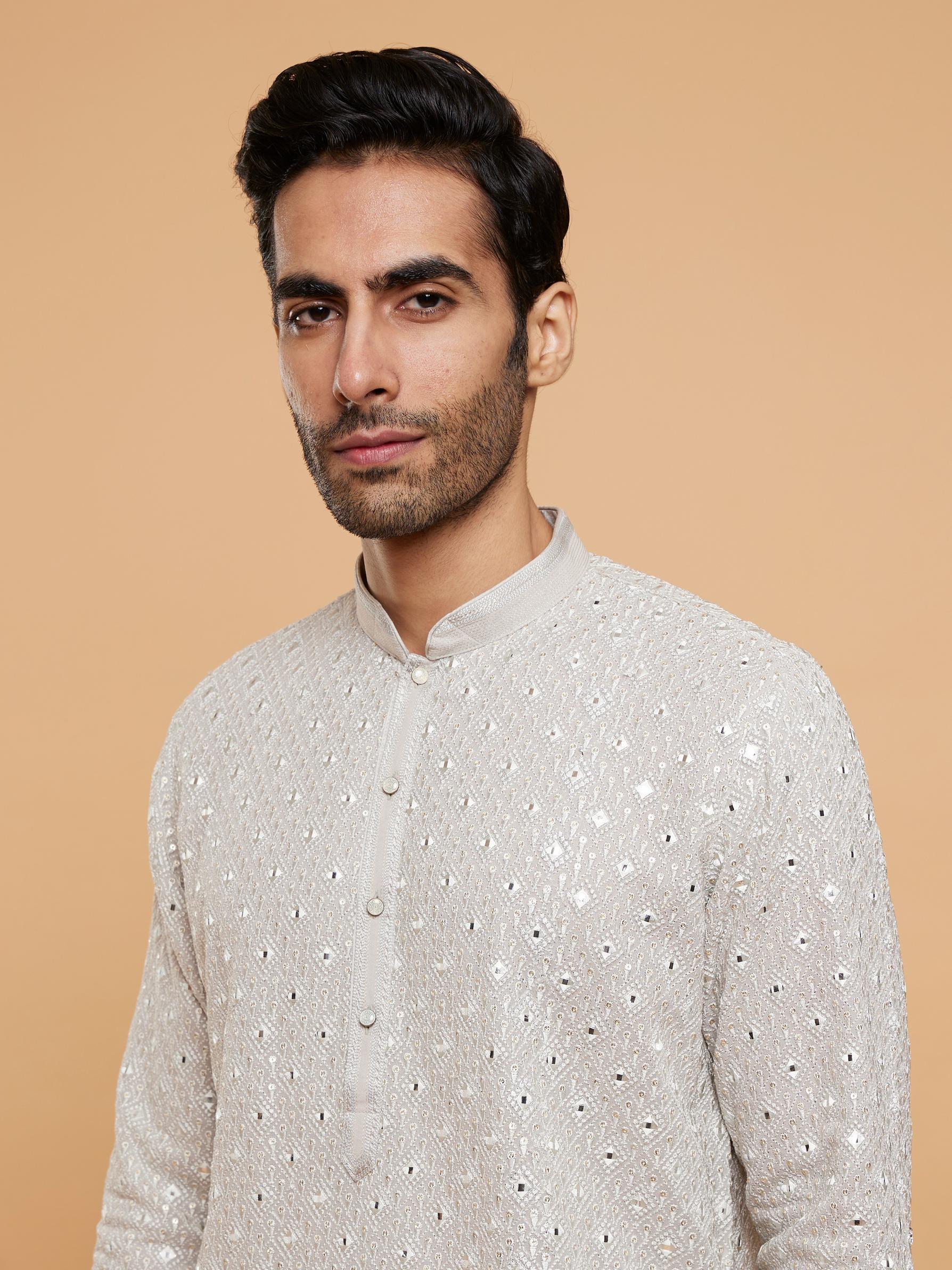 Twamev Men Smoke Grey Chikankari Kurta Set with Mirror Work