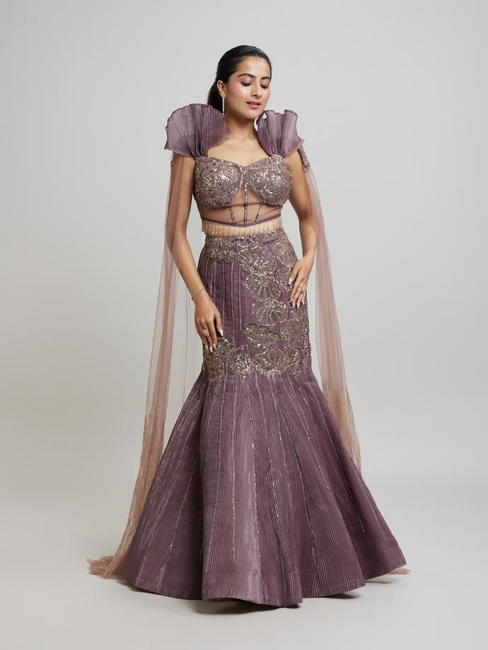 Twamev Women Enchanting Brown Organza Lehenga