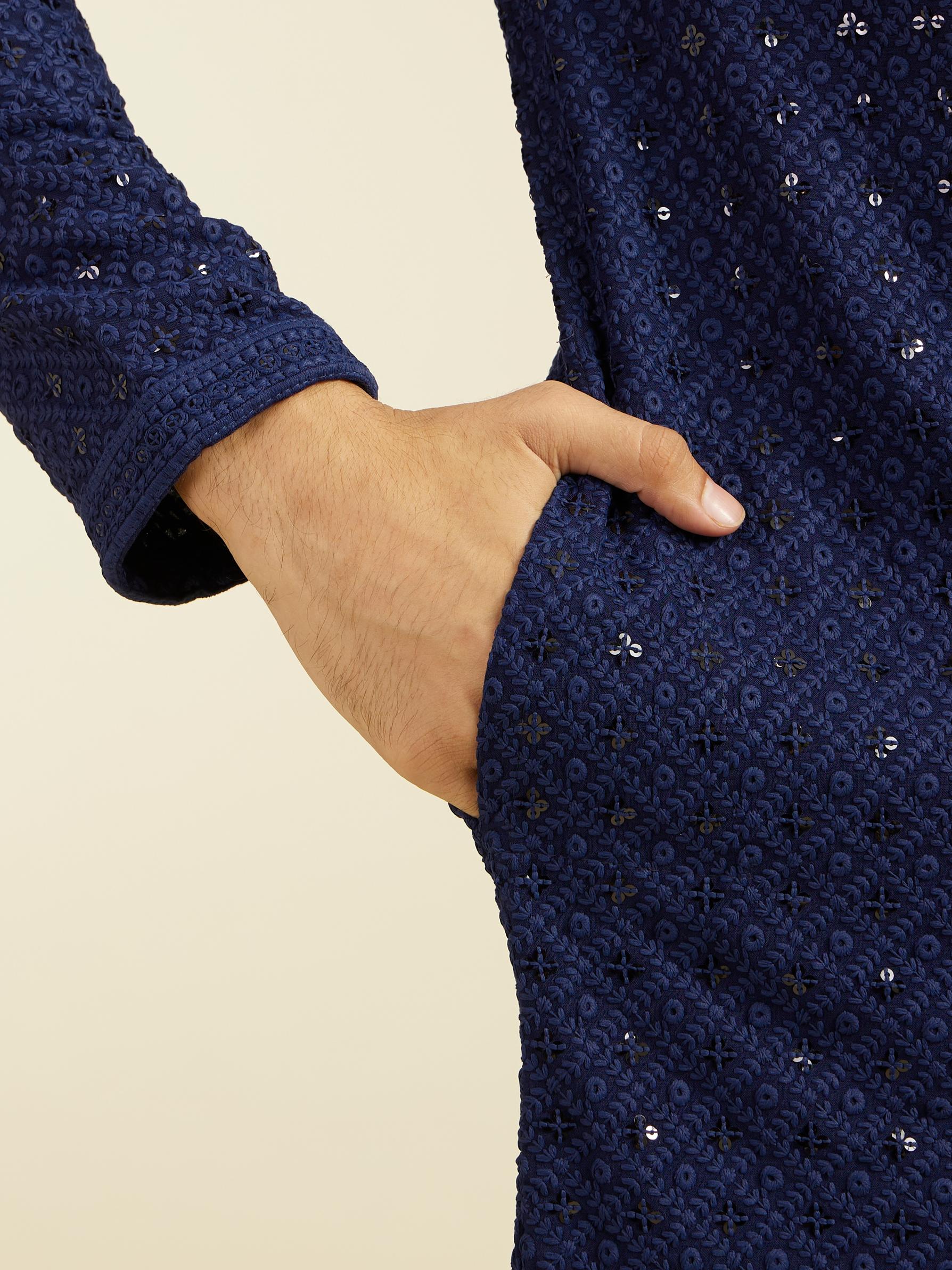 Diwas Men Navy Blue Chikankari Kurta with Sequin