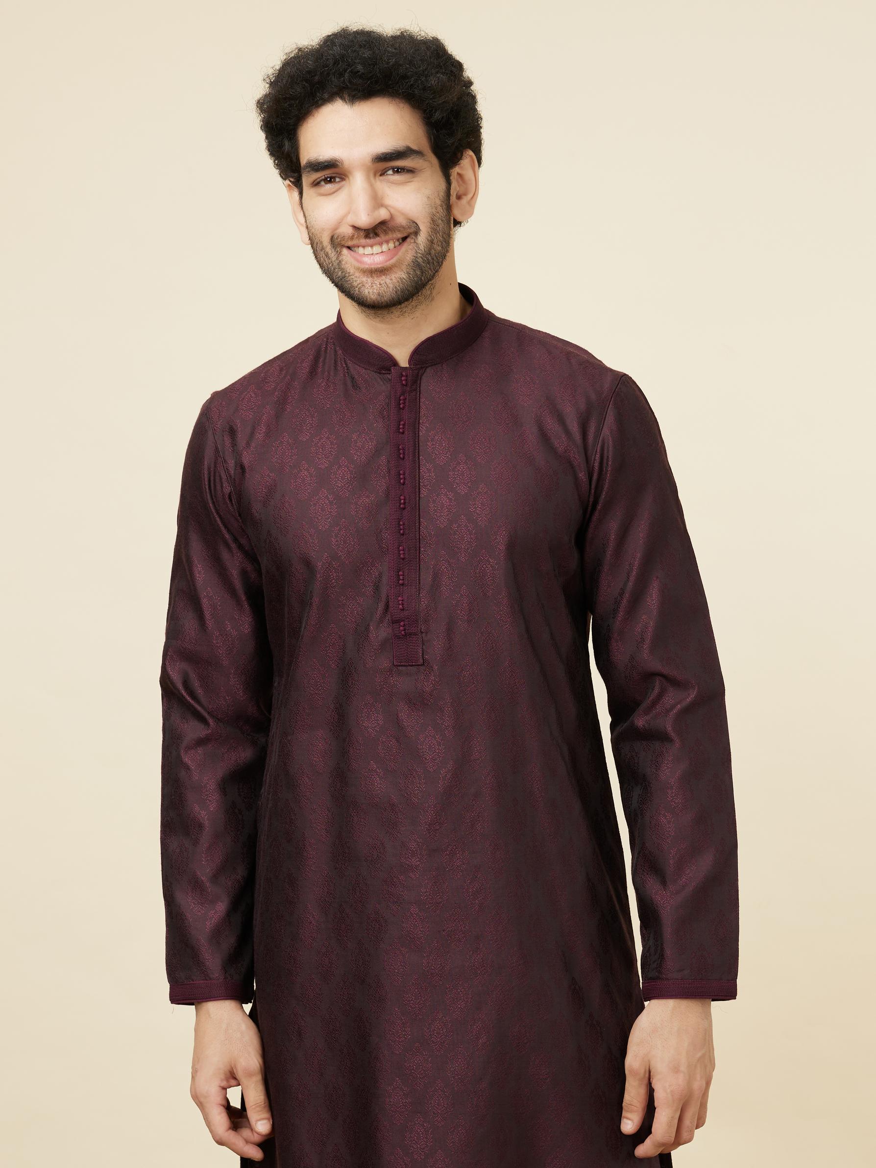 Twamev Men Wine Jacquard Kurta Set
