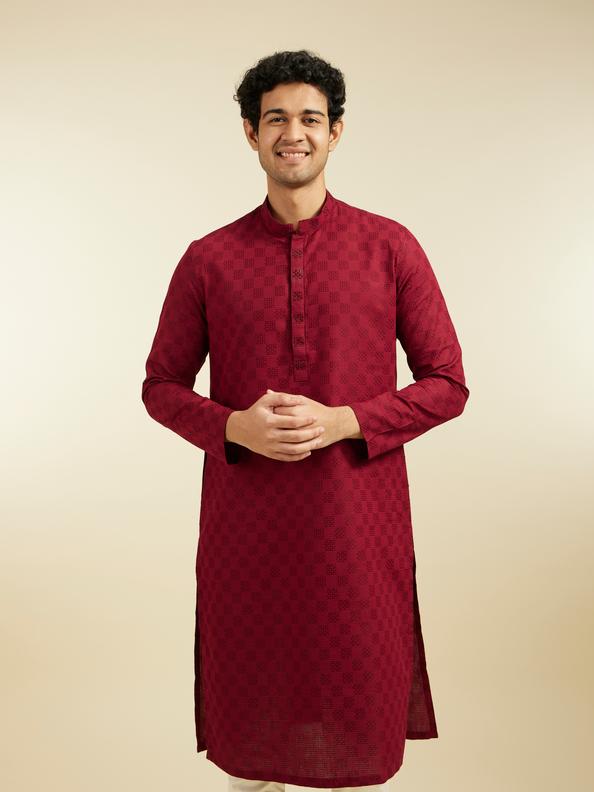 Diwas Men Maroon Red Grid Patterned Kurta with Embroidered Placket