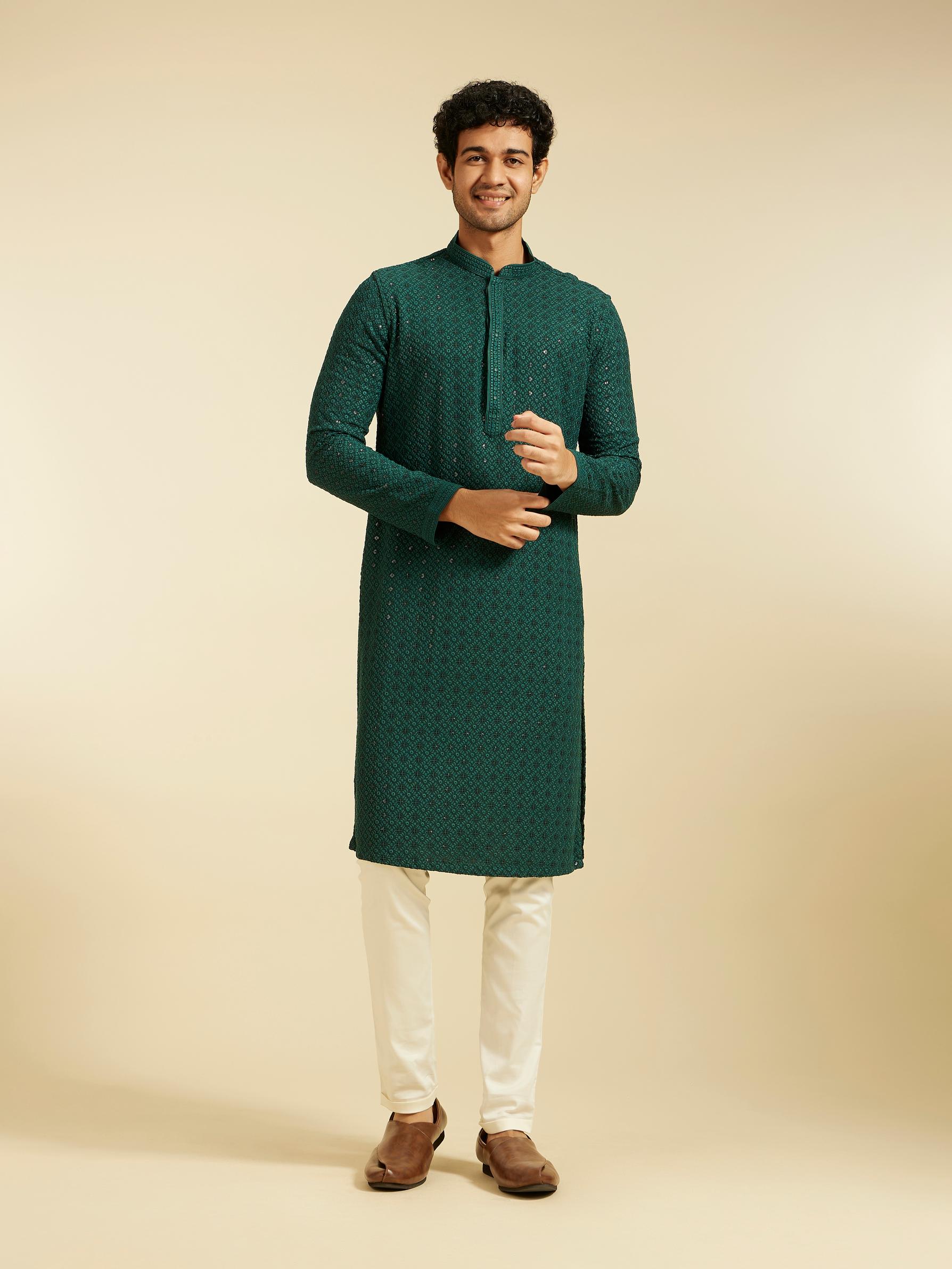 Diwas Men Bottle Green Chikankari Kurta with Sequin