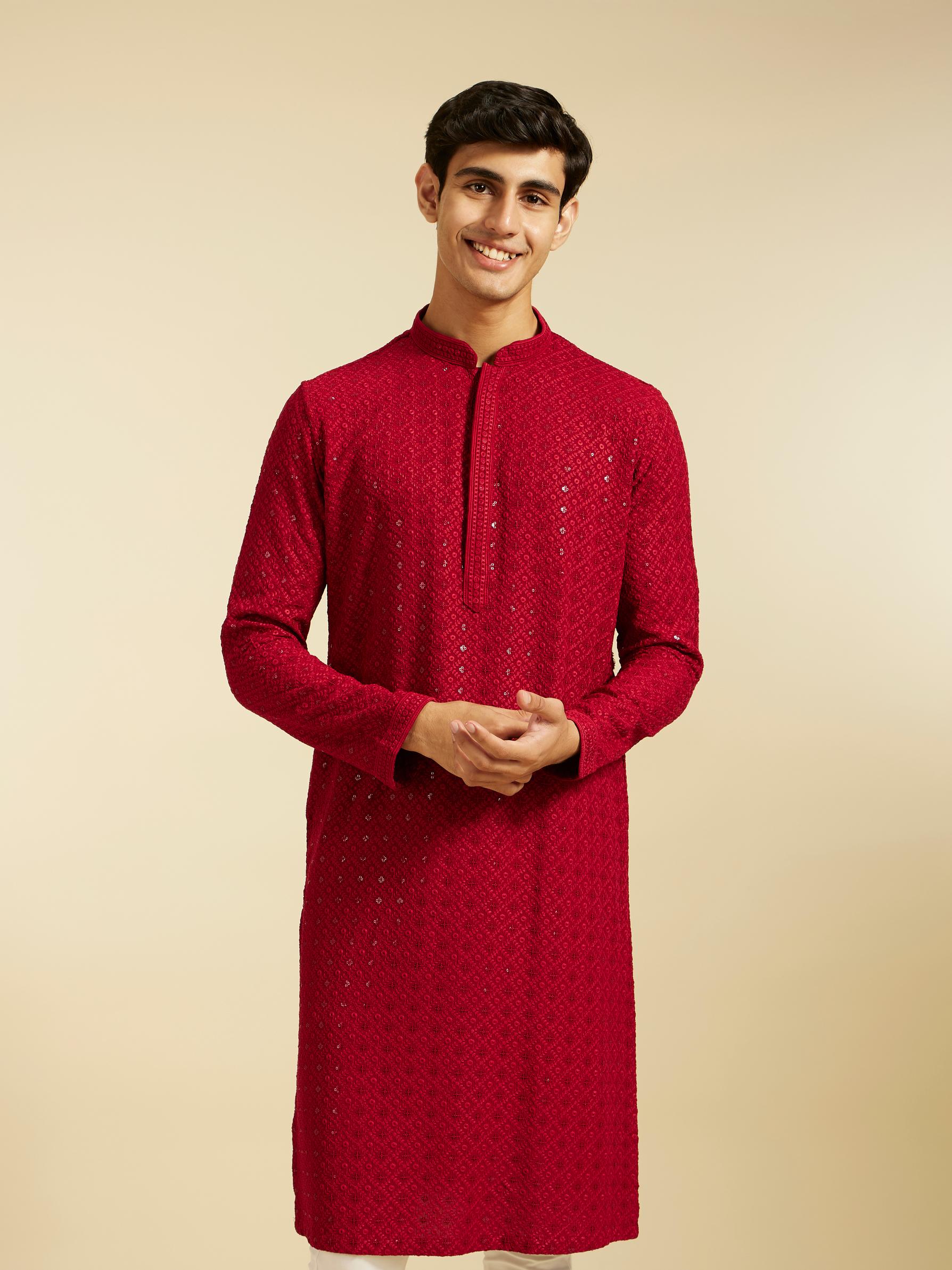 Diwas Men Maroon Red Chikankari Kurta with Sequin
