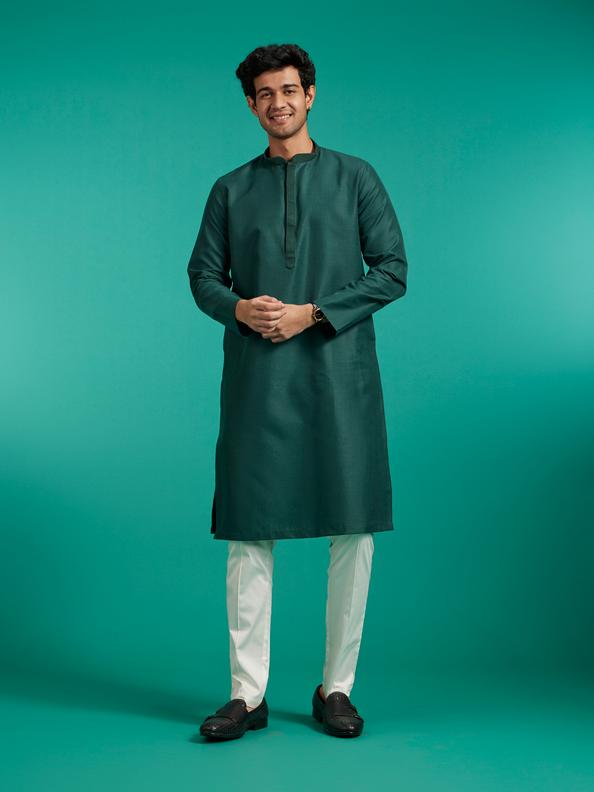 Diwas Men Bottle Green Plain Classic Kurta with Textured Neckline