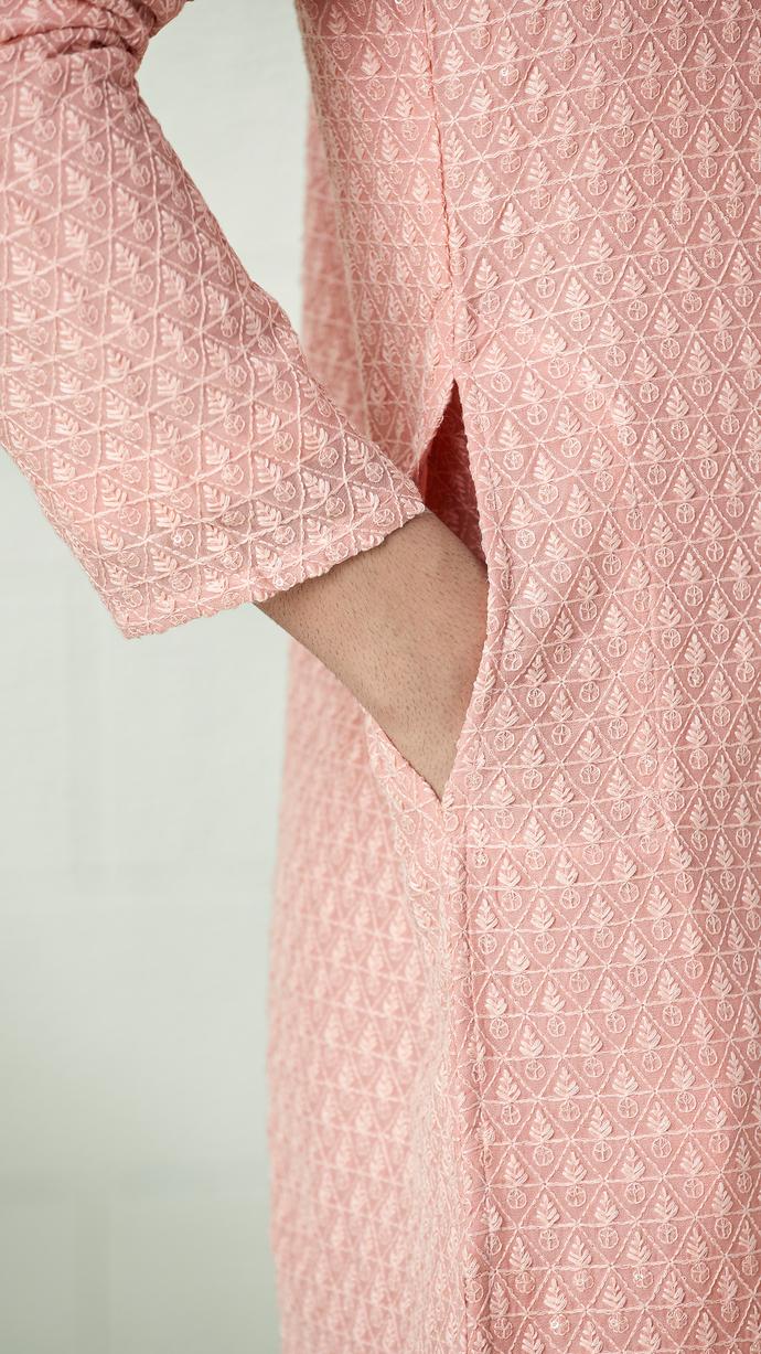 Twamev Men Melon Pink Chikankari Embroidered Kurta Set