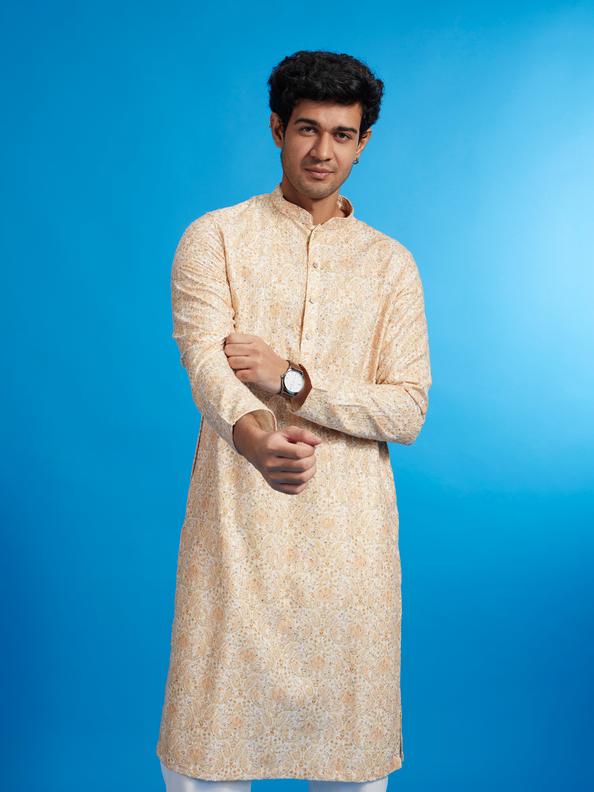 Diwas Men Primrose Yellow Paisley Patterned Kurta with Rhinestones