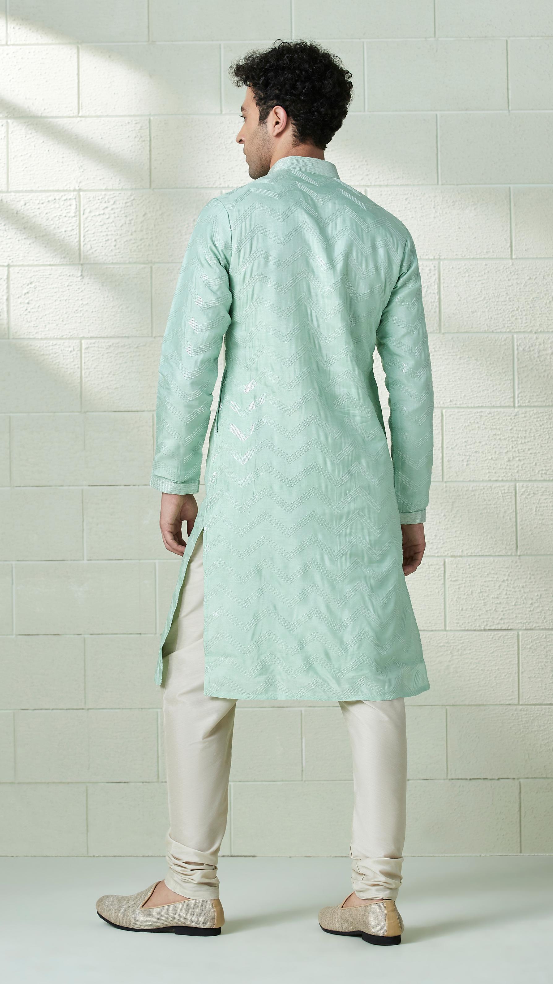 Twamev Men Seafoam Green Chevron Patterned Kurta Set