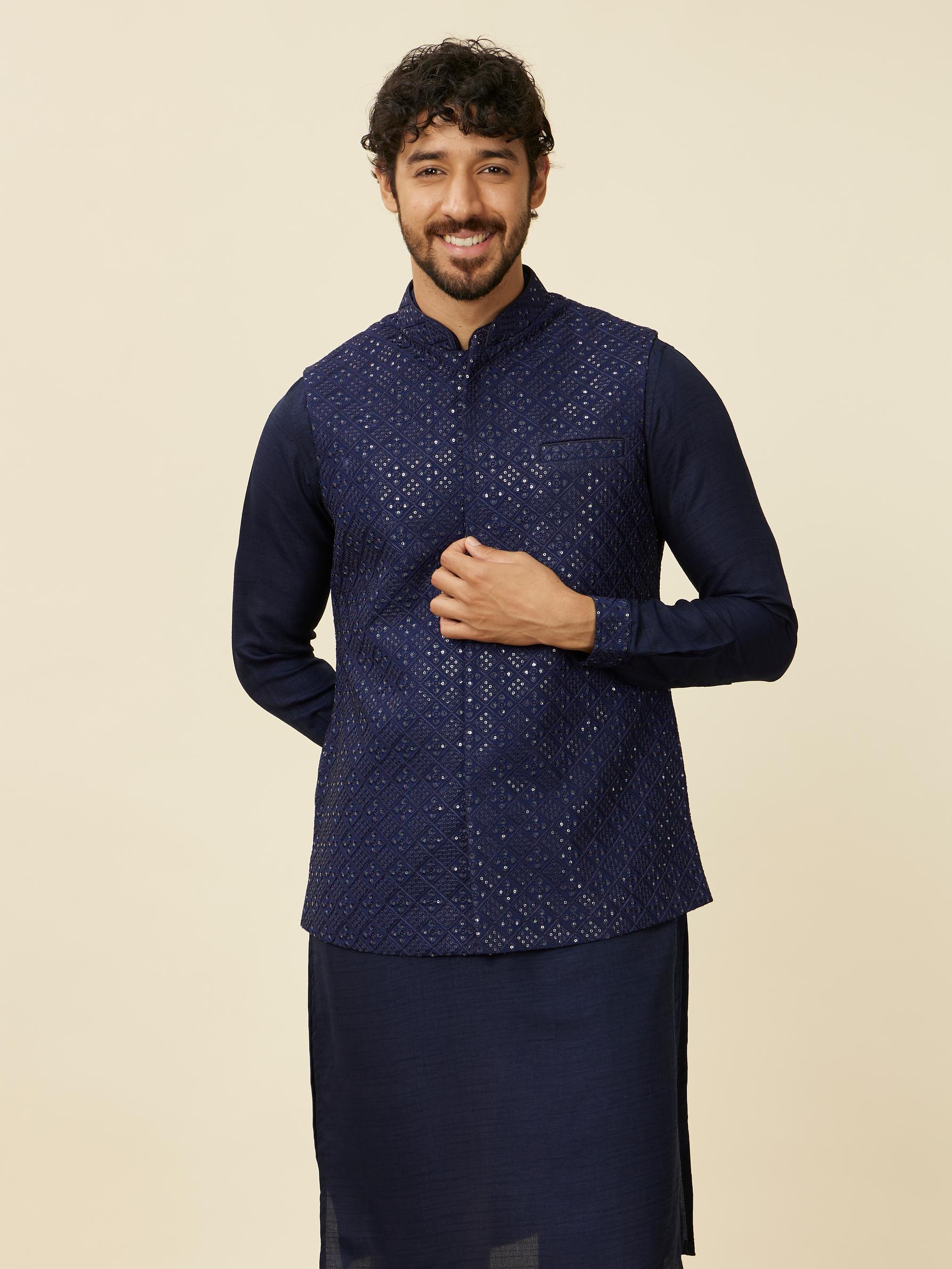 Twamev Men Dark Blue Mirror work Kurta Jacket Set