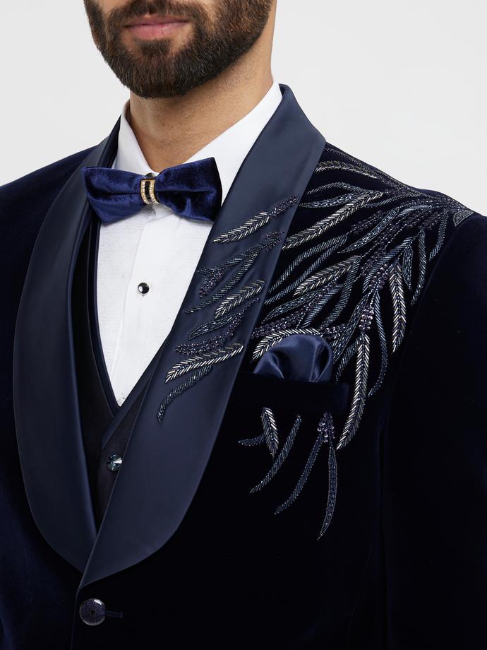 Twamev Men Dark Blue Velvet Suave Suit Set