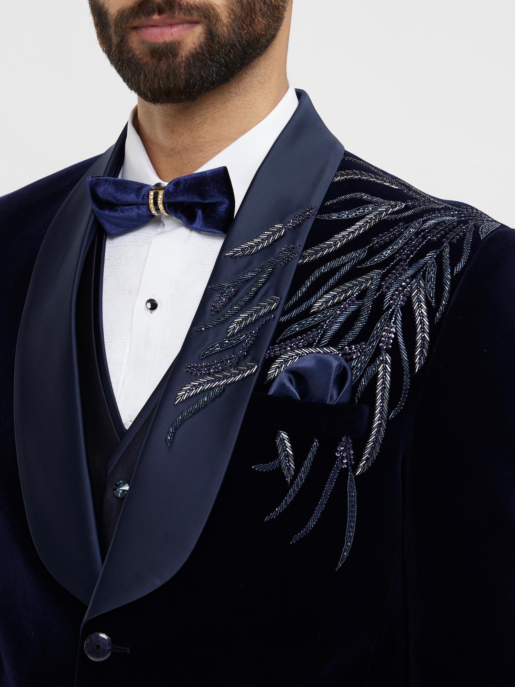 Twamev Men Dark Blue Velvet Suave Suit Set