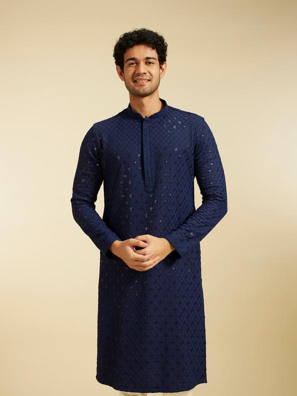 Diwas Men Navy Blue Chikankari Kurta With Sequins