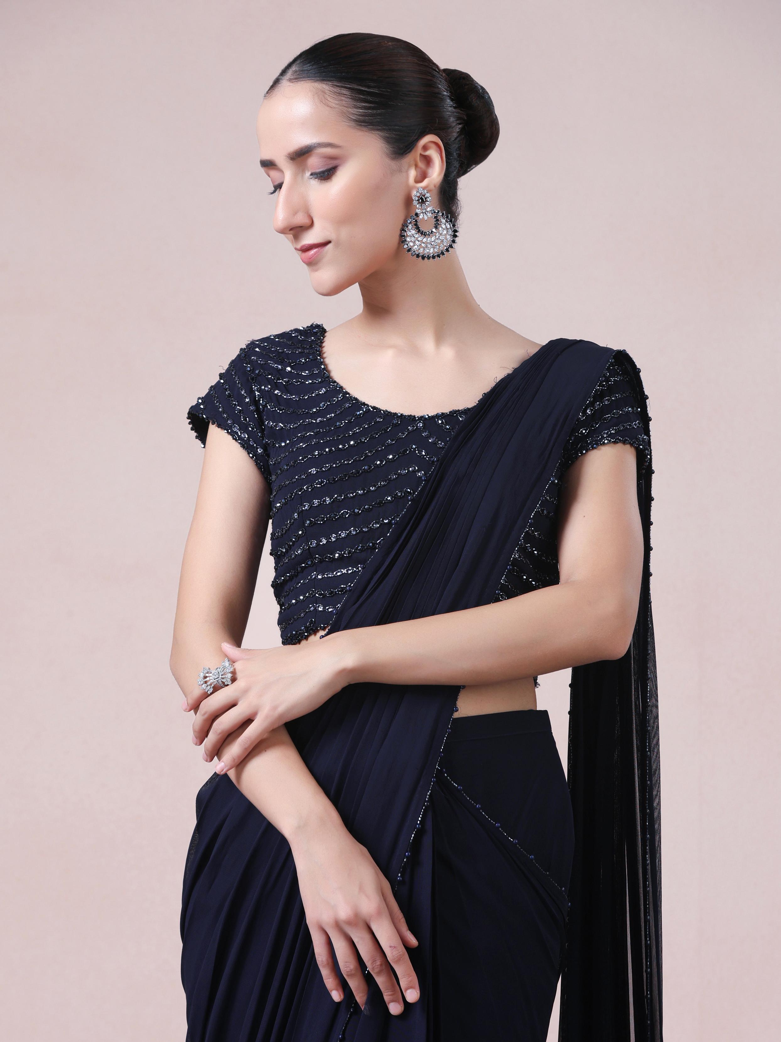 Twamev Women Midnight Elegance in Indigo Blue Georgette Saree