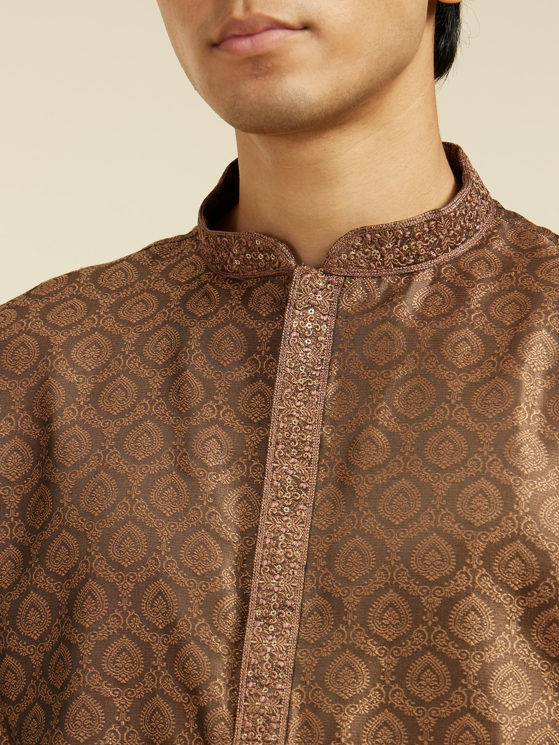 Diwas Men Mocha Brown Jaal Patterned Kurta with Jhallar Motifs