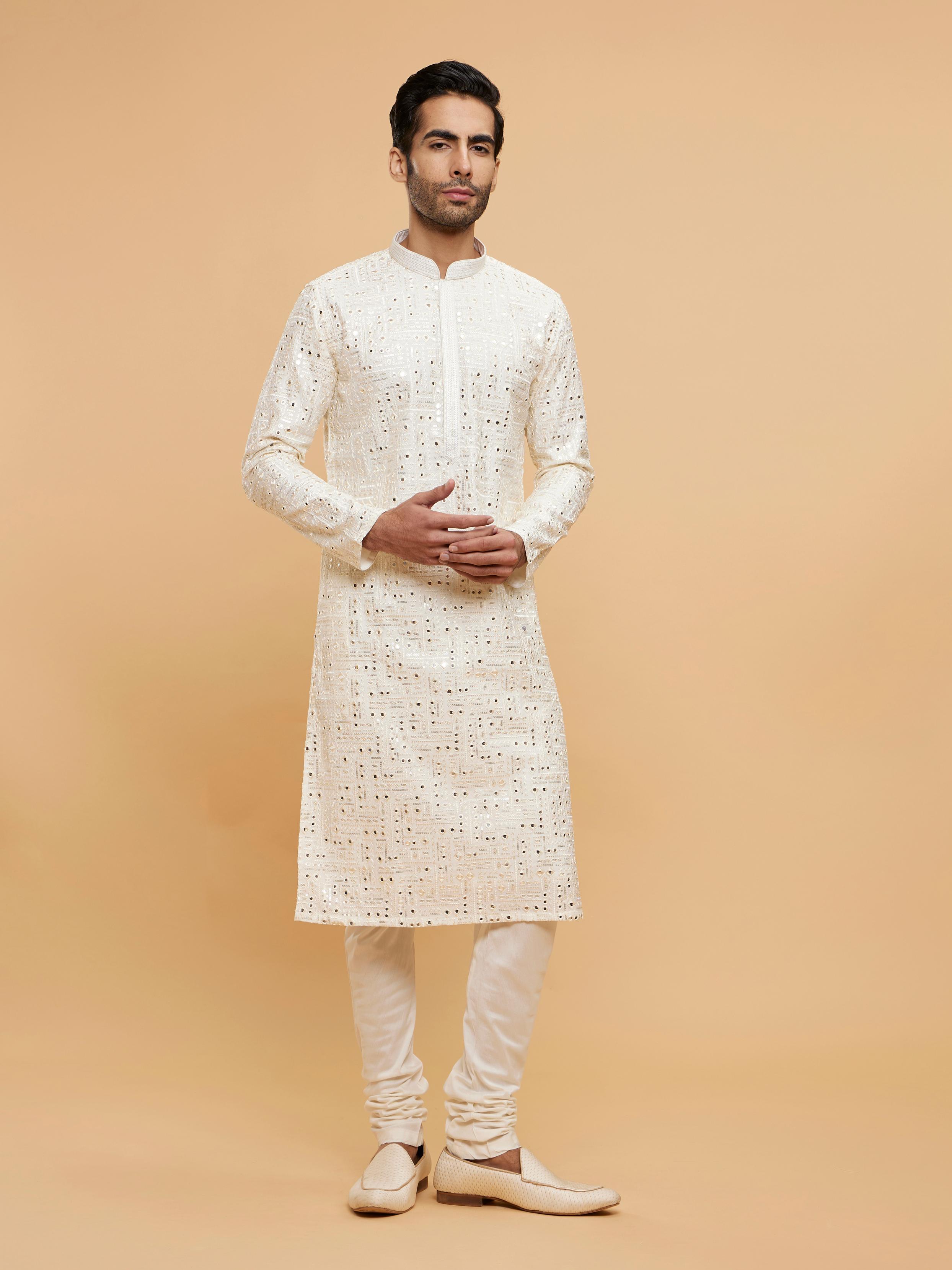 Twamev Men Warm White Mirror Embellished Kurta Set