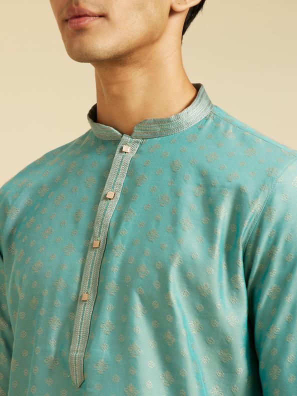 Diwas Men Aqua Green Buta Patterned Kurta with Striped Neckline