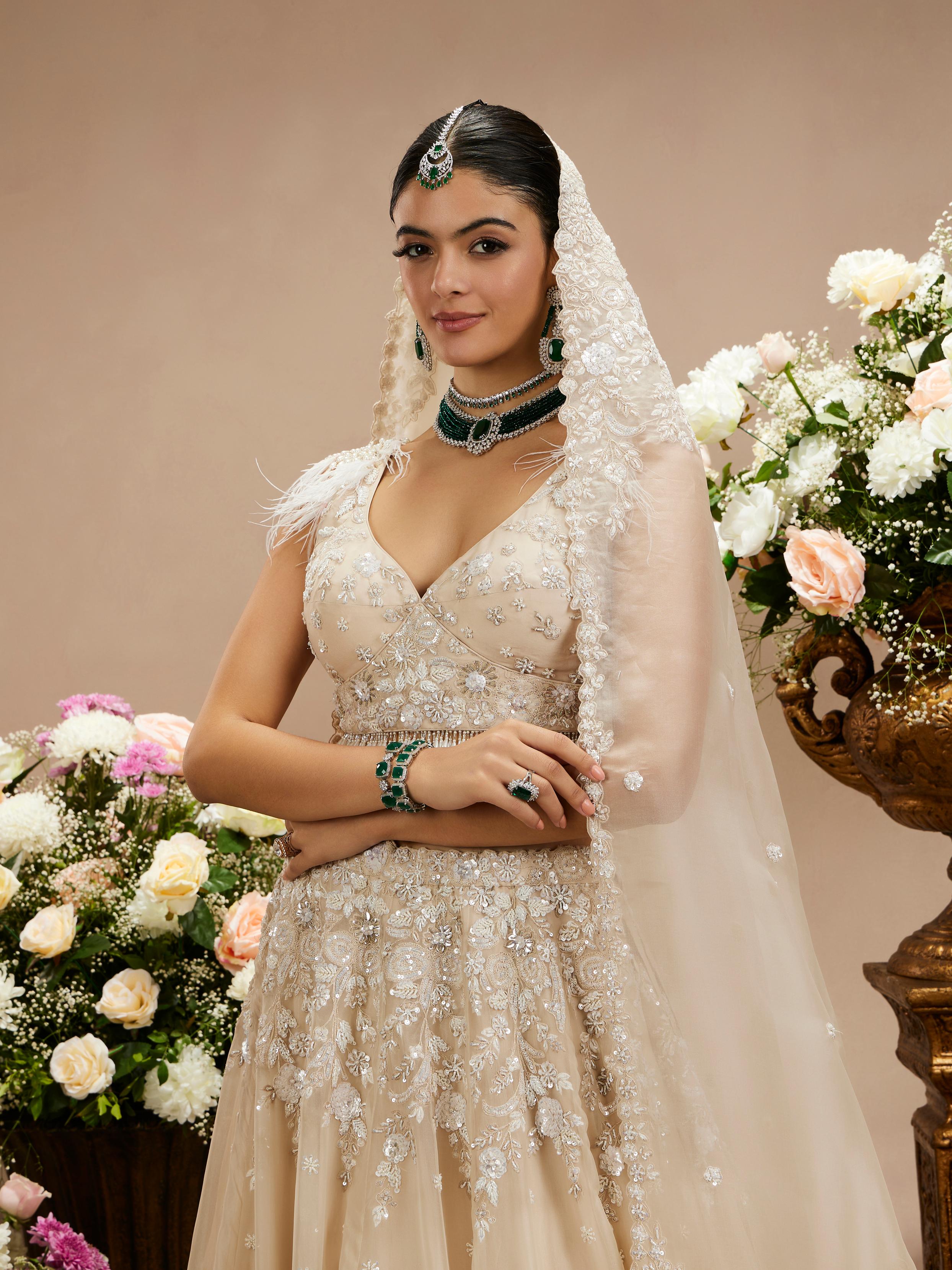 Twamev Women Cream Beige Floral Embroidered Lehenga with Sequins Work