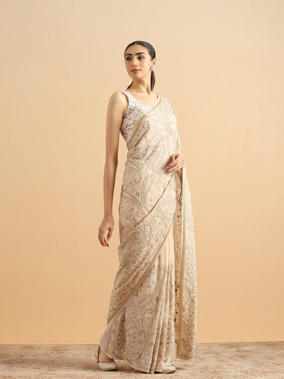Twamev Women Graceful Cream Georgette Saree