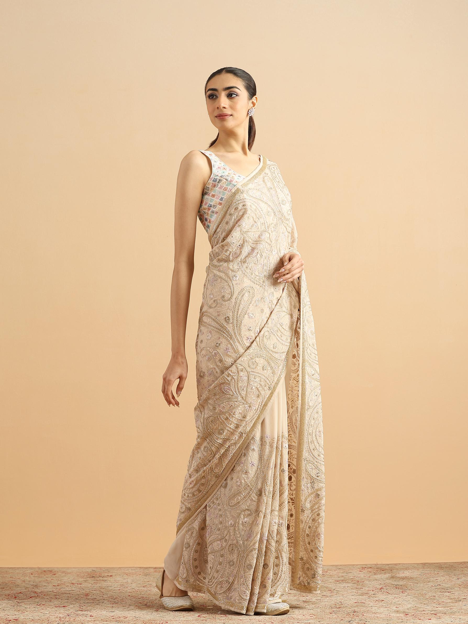 Twamev Women Graceful Cream Georgette Saree