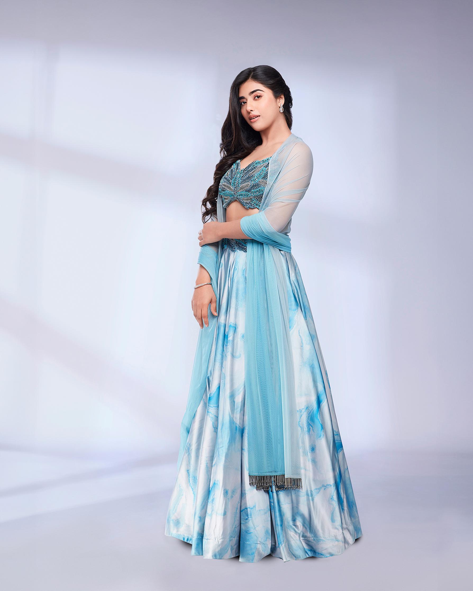 Twamev Women Teal Blue Marble Printed Sequinned Skirt Top