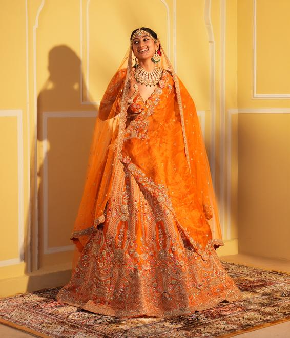 Twamev Women Twinkling Orange Lehenga Spectacle