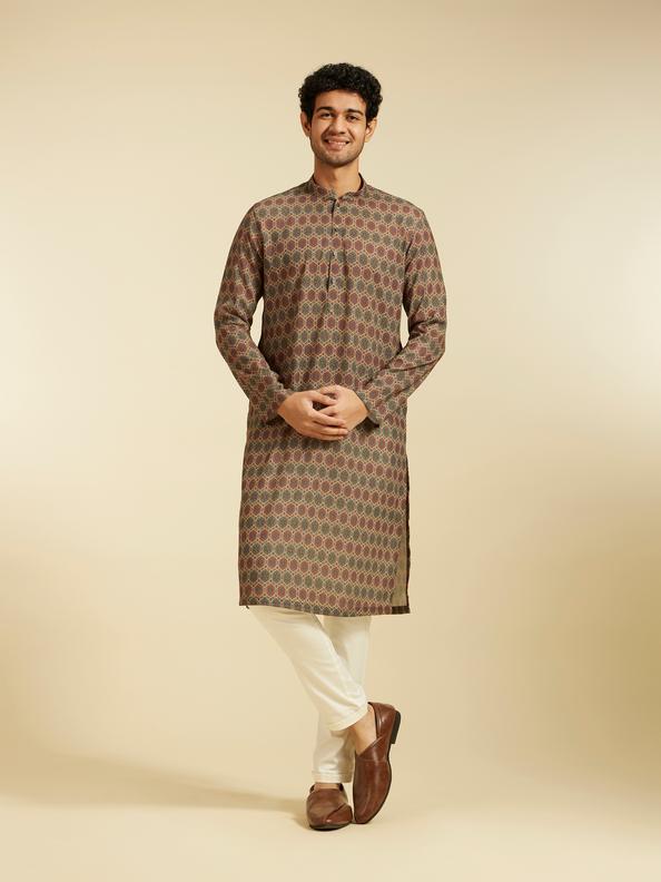 Diwas Men Olive Green Honeycomb Printed Kurta