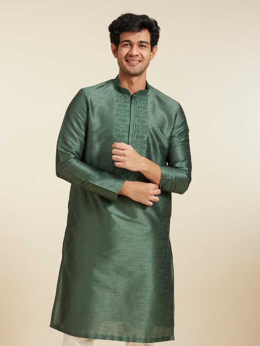 Diwas Men Bottle Green Plain Kurta With Embroidered Neckline