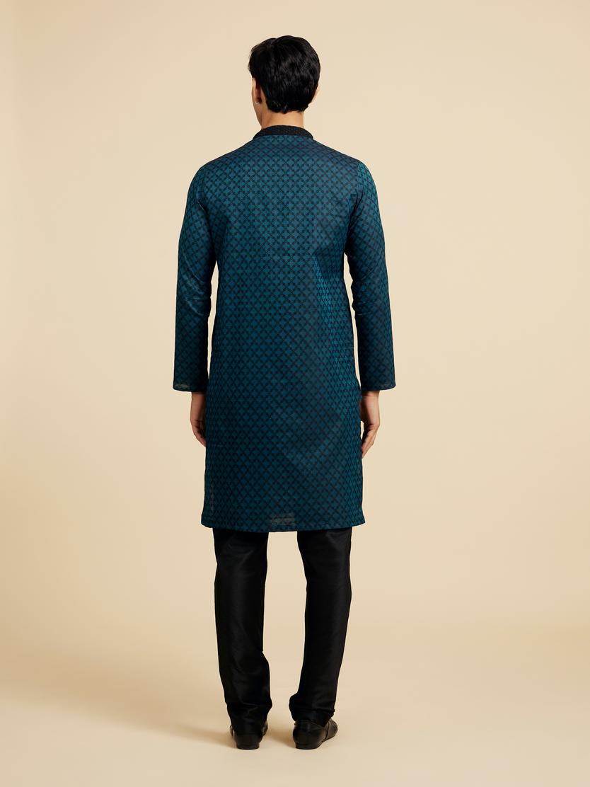 Diwas Men Teal Green Grid Patterned Kurta