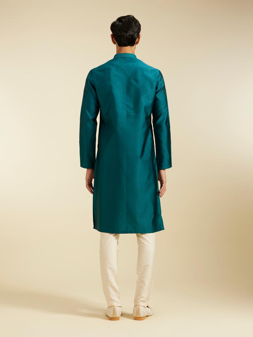 Diwas Men Teal Green Lattice Patterned Kurta