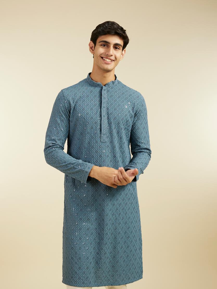 Diwas Men Oxford Blue Chikankari Kurta With Sequins