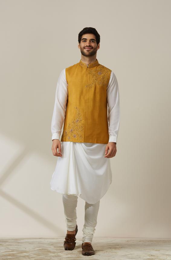 Twamev Men Light Orange Draped Kurta Jacket Set
