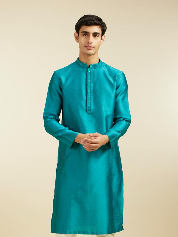Diwas Men Teal Green Chevron Patterned Kurta