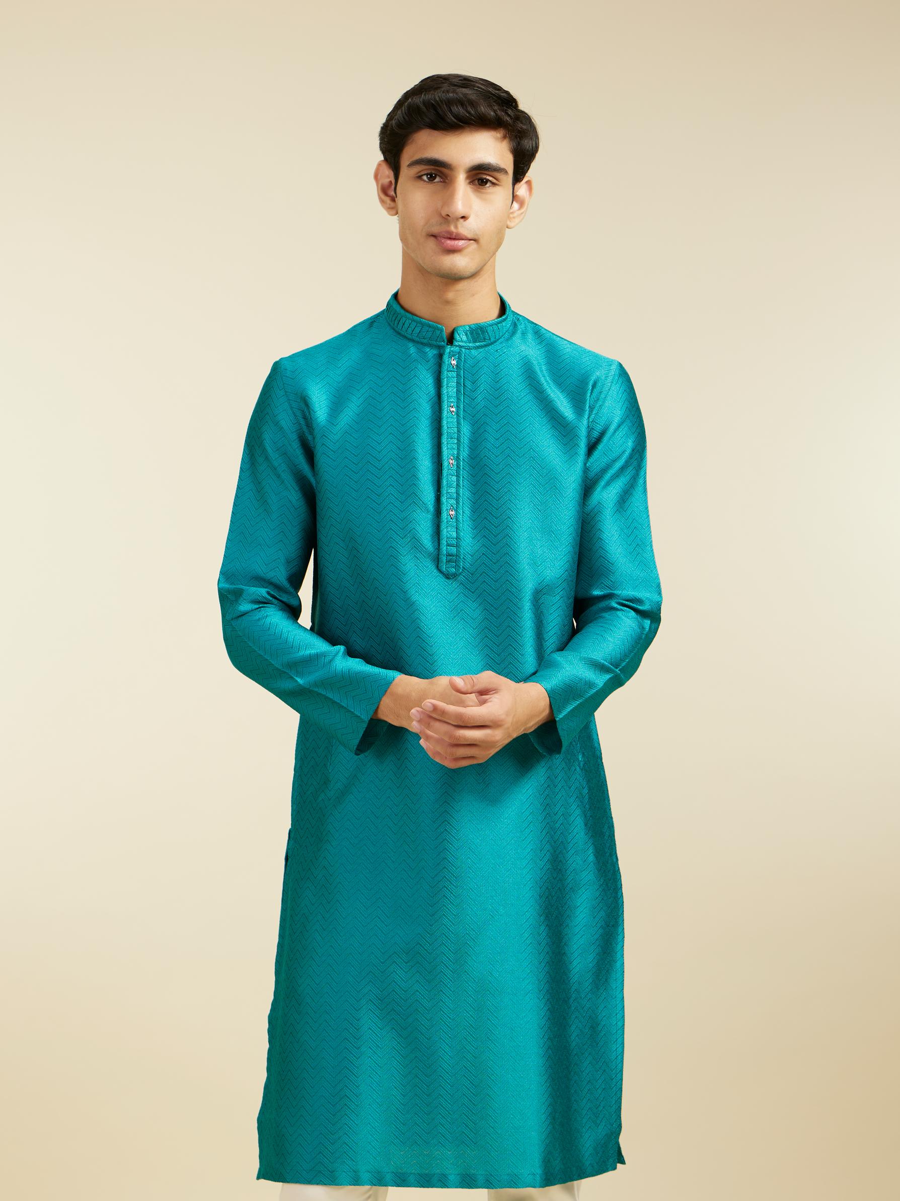 Diwas Men Teal Green Chevron Patterned Kurta