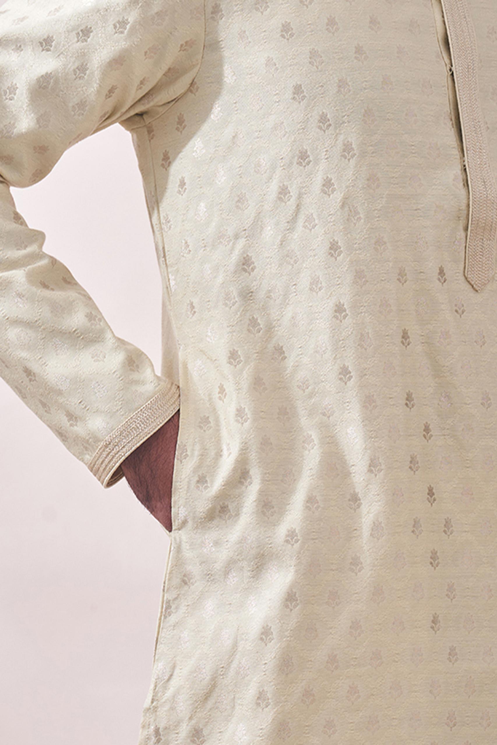 Twamev Men Vanilla Cream Jacquard Kurta Set