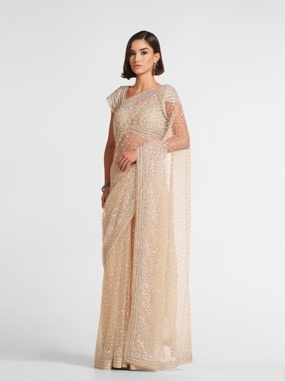 Twamev Women Cream Radiance Net Saree