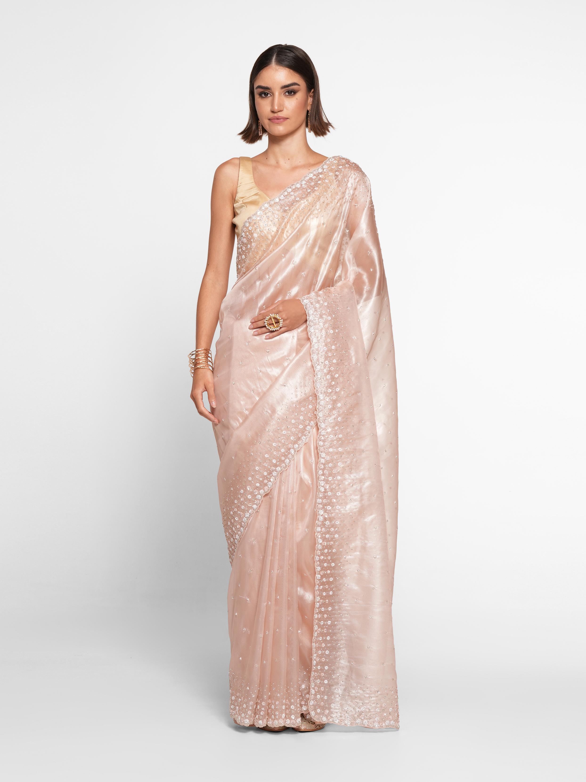 Twamev Women Twinkling Pink Hand Embroidery Saree