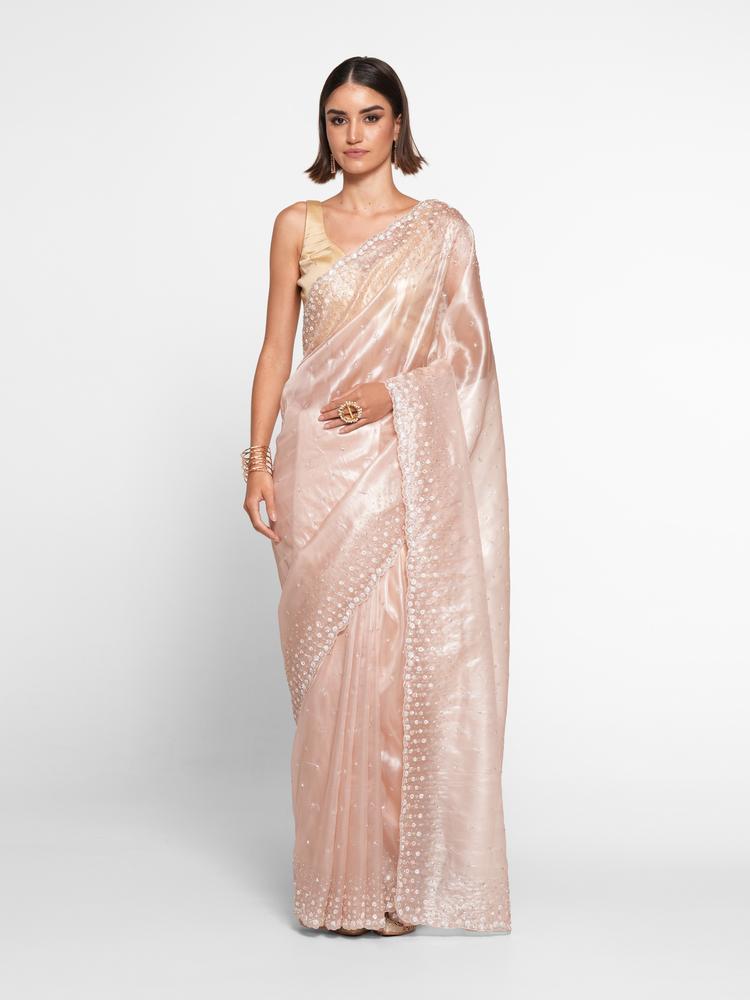 Twamev Women Twinkling Pink Hand Embroidery Saree