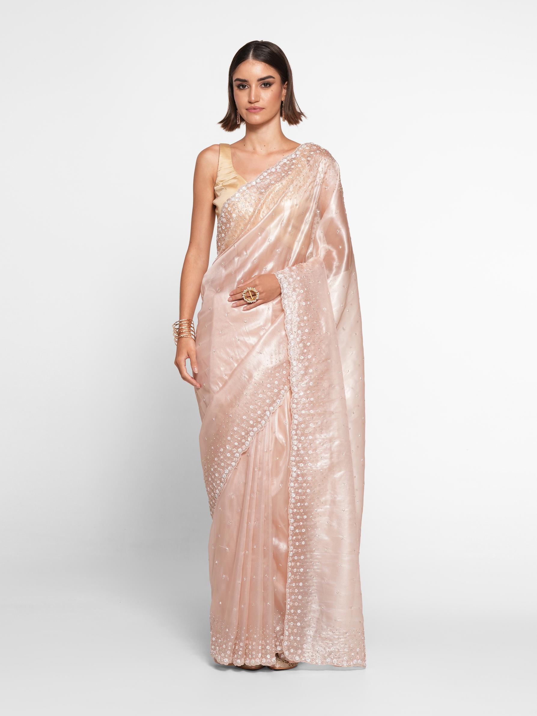 Twamev Women Twinkling Pink Hand Embroidery Saree